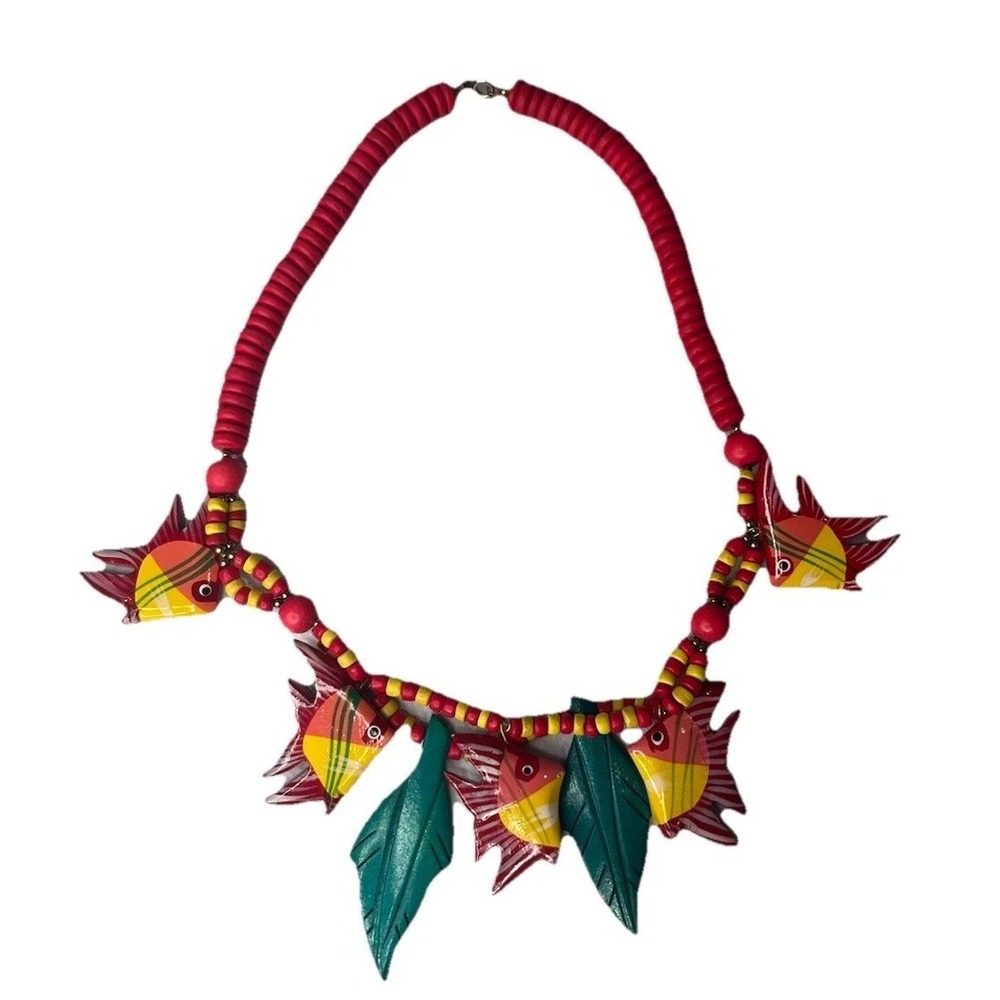 Wooden Fish Necklace Colorful Pink Yellow Green Tropical Made In‎ Philippines
